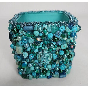 Turquoise Color Hand Beaded Trinket Jar Holder Cup Vase 3.25 x 3.25 x 3 Upcycled